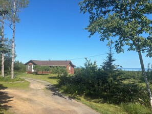 A rural road leading to a wooden cabin with a sloped roof, surrounded by dense greenery and trees.