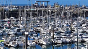 Een jachthaven vol diverse boten afgemeerd aan de steiger.