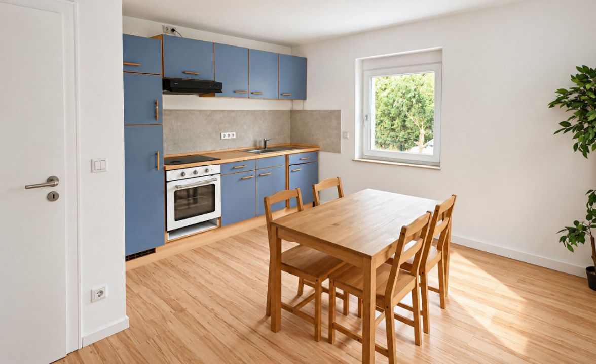 A modern kitchen with blue cabinets, a wooden dining table, and chairs.