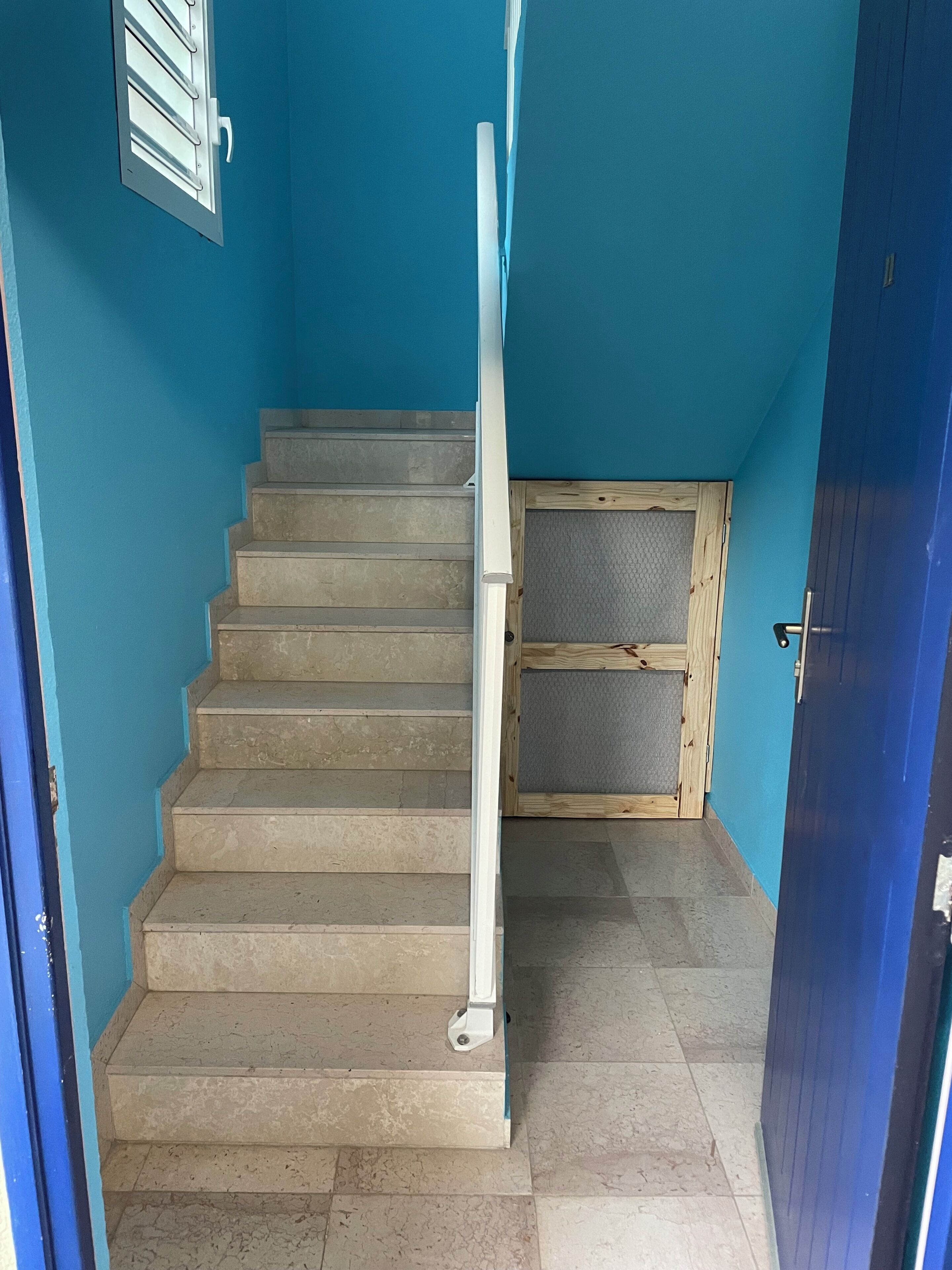 Un escalier avec une rampe, un cadre de porte en bois et un mur bleu.