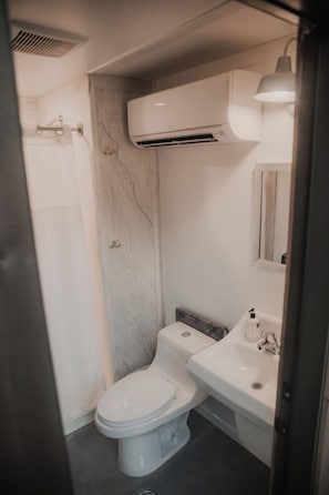 Un baño con inodoro, lavabo y ducha.