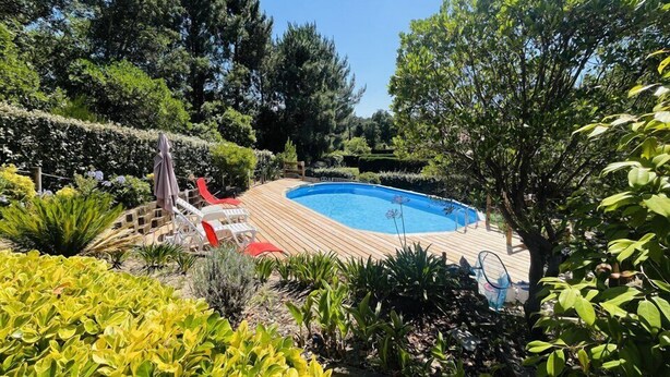 Una piscina rodeada por un muelle de madera, con sillas de descanso rojas y blancas, y diversas plantas y árboles al fondo.