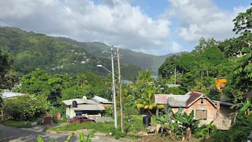 Ein ländliches Dorf mit Häusern, einer Straße und Bergen im Hintergrund.