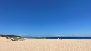 Una extensa playa arenosa con un cielo azul despejado y montañas a lo lejos.
