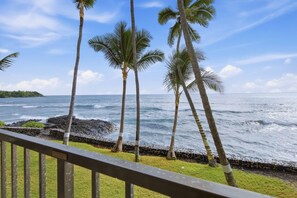 A coastal view with palm trees and ocean waves. - Oceanfront Kona Kali Bai 207 - Pool, Hot Tub, Laundry, Magic Sands Beach, Dining (Kailua-Kona)