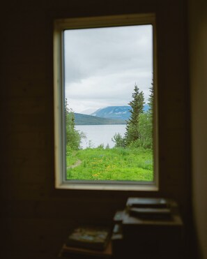 A window with a view of a lake, mountains, and greenery.