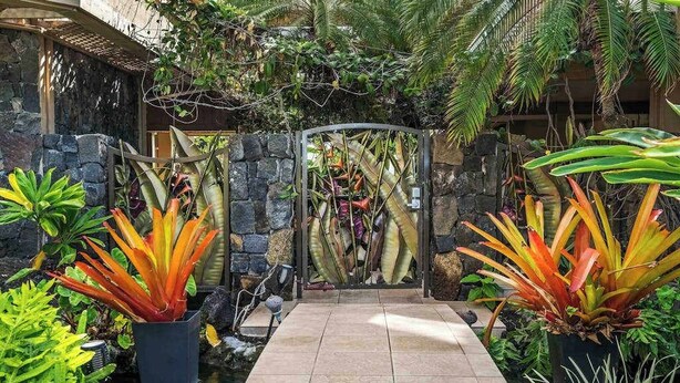 A tropical garden pathway leading to a stone gate, surrounded by lush greenery and potted plants. - *New* Fall Special Kona Family Condo Near Beach, Pool and Hot Tub (Kailua-Kona)