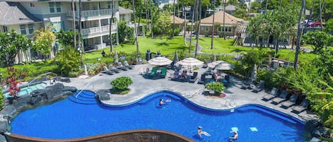 A swimming pool with lounge chairs and umbrellas, surrounded by palm trees and a view of residential buildings.