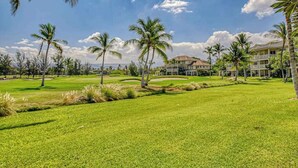 Un parcours de golf bordé de palmiers, avec une pelouse bien entretenue et un bâtiment doté de nombreux balcons.