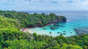 A coastal landscape with a beach, lush greenery, and clear turquoise waters.