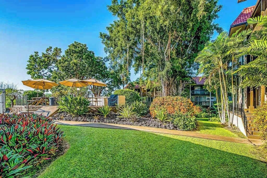 A well-maintained garden with pathways, outdoor seating, and a variety of plants.