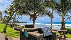 Ein Grillbereich im Freien mit einer Steinstruktur, umgeben von Palmen und Blick auf das Meer.
