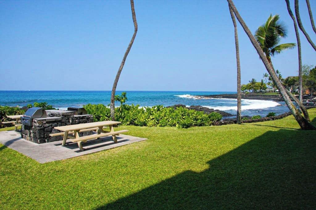 Une terrasse au bord de la plage, équipée d’un barbecue et d’une table de pique-nique, avec vue sur l’océan.