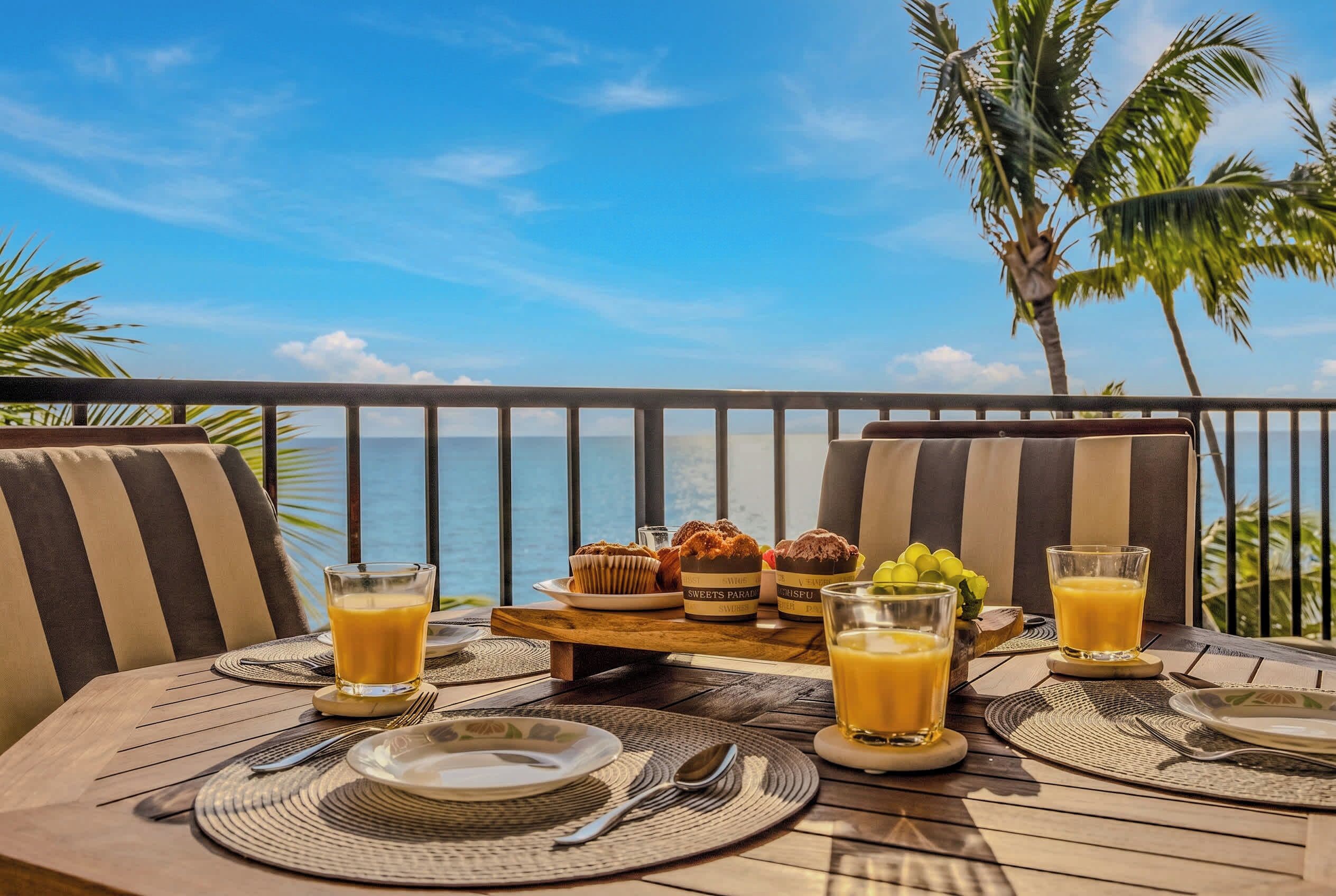 Una mesa dispuesta con platos, cubiertos y vasos de jugo de naranja, con vista al océano y palmeras al fondo.