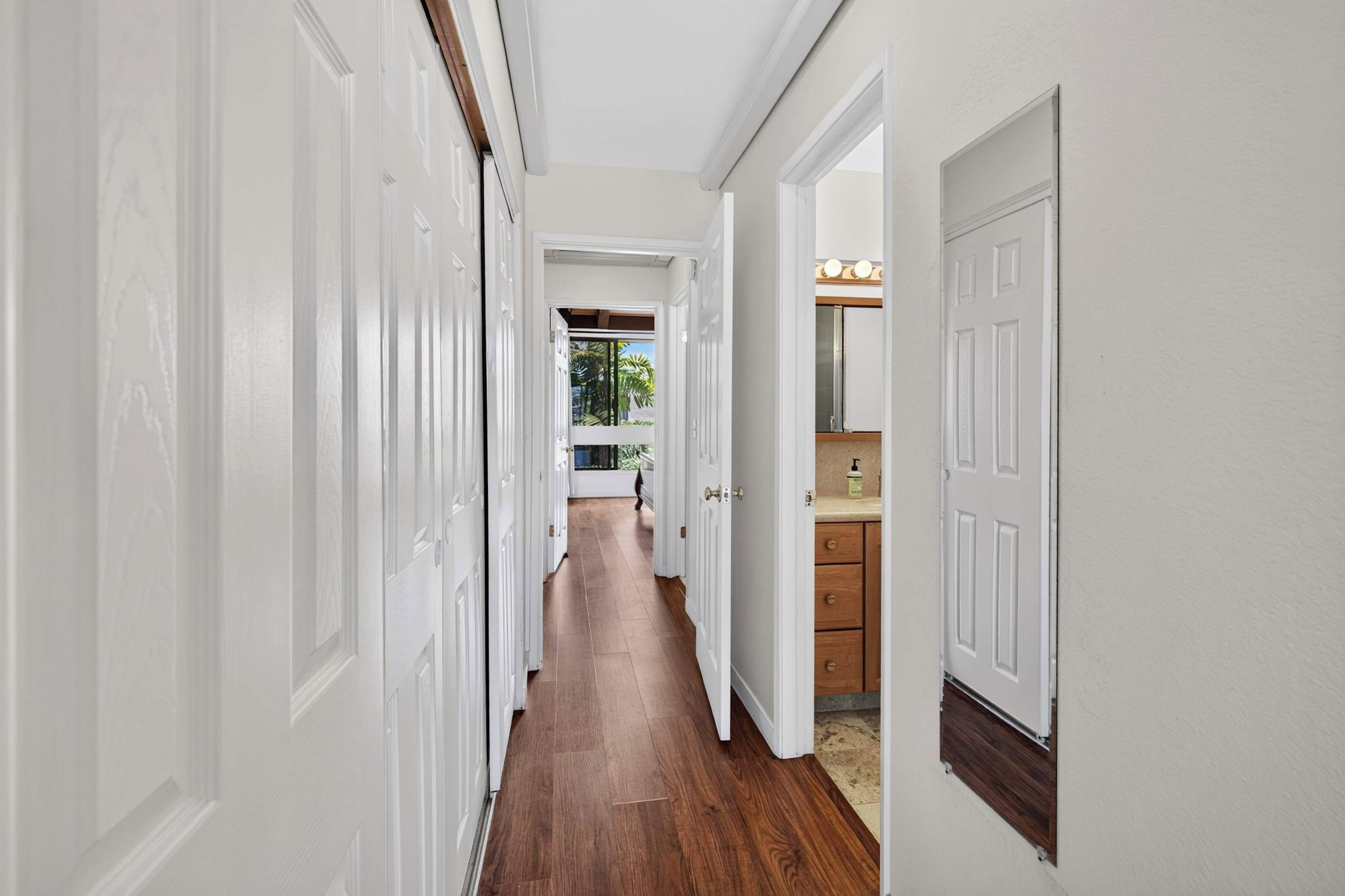 A hallway with white doors, wooden flooring, and a view into a room with a window and plants.
