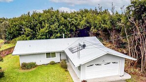 Uma casa de dois andares com garagem, cercada por um gramado bem cuidado e árvores densas.