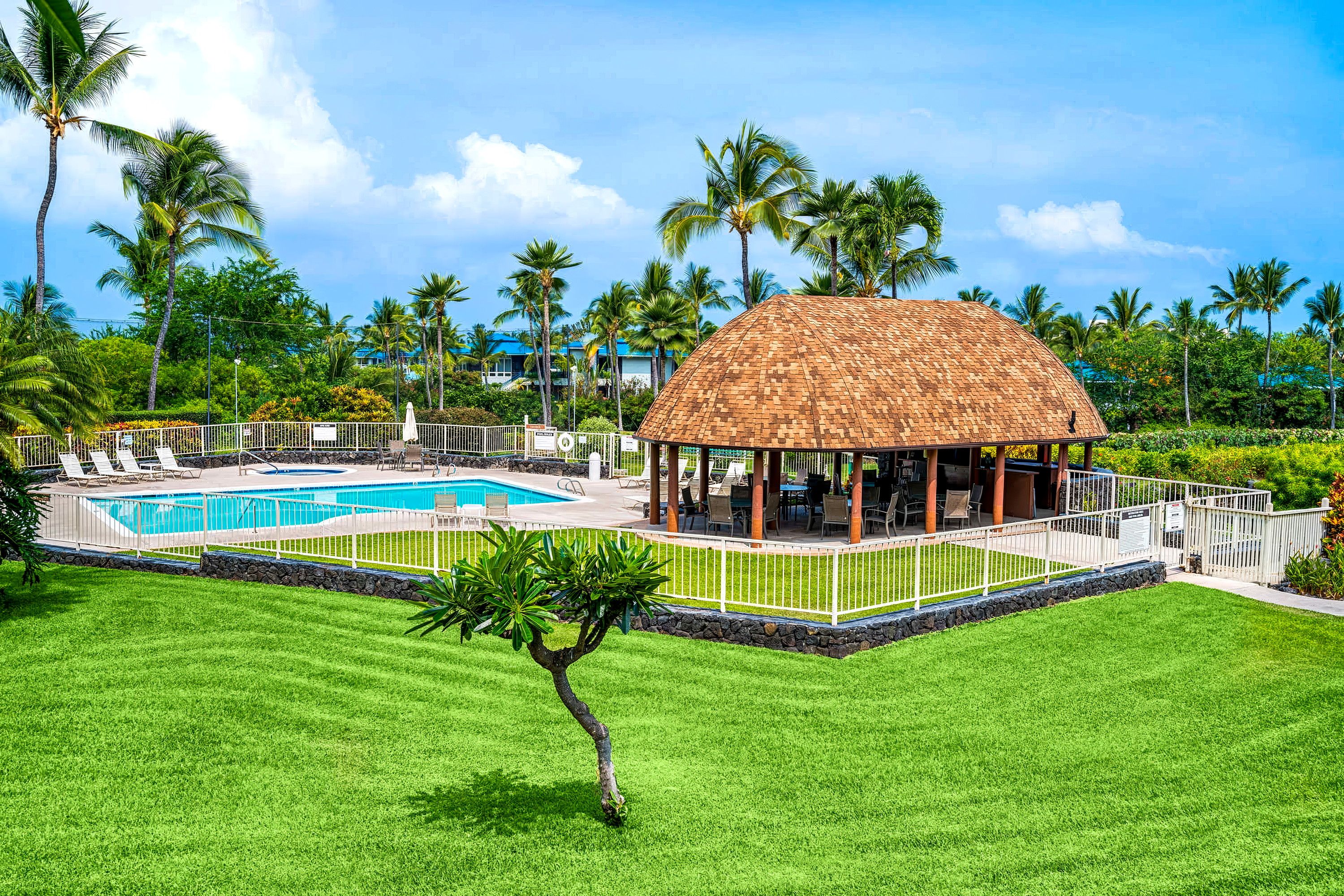 Een resort met een zwembad, ligbedden, een paviljoen met rieten dak en palmbomen.