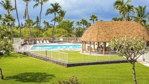 Zona de piscina con un quiosco de techo de paja, rodeada de palmeras y un césped cuidado.