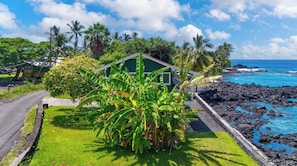 A small house with a red roof, surrounded by lush greenery and a clear view of the ocean. - *NEW* Kealakekua Bay Oceanfront Home with Views from Every Room (Captain Cook)
