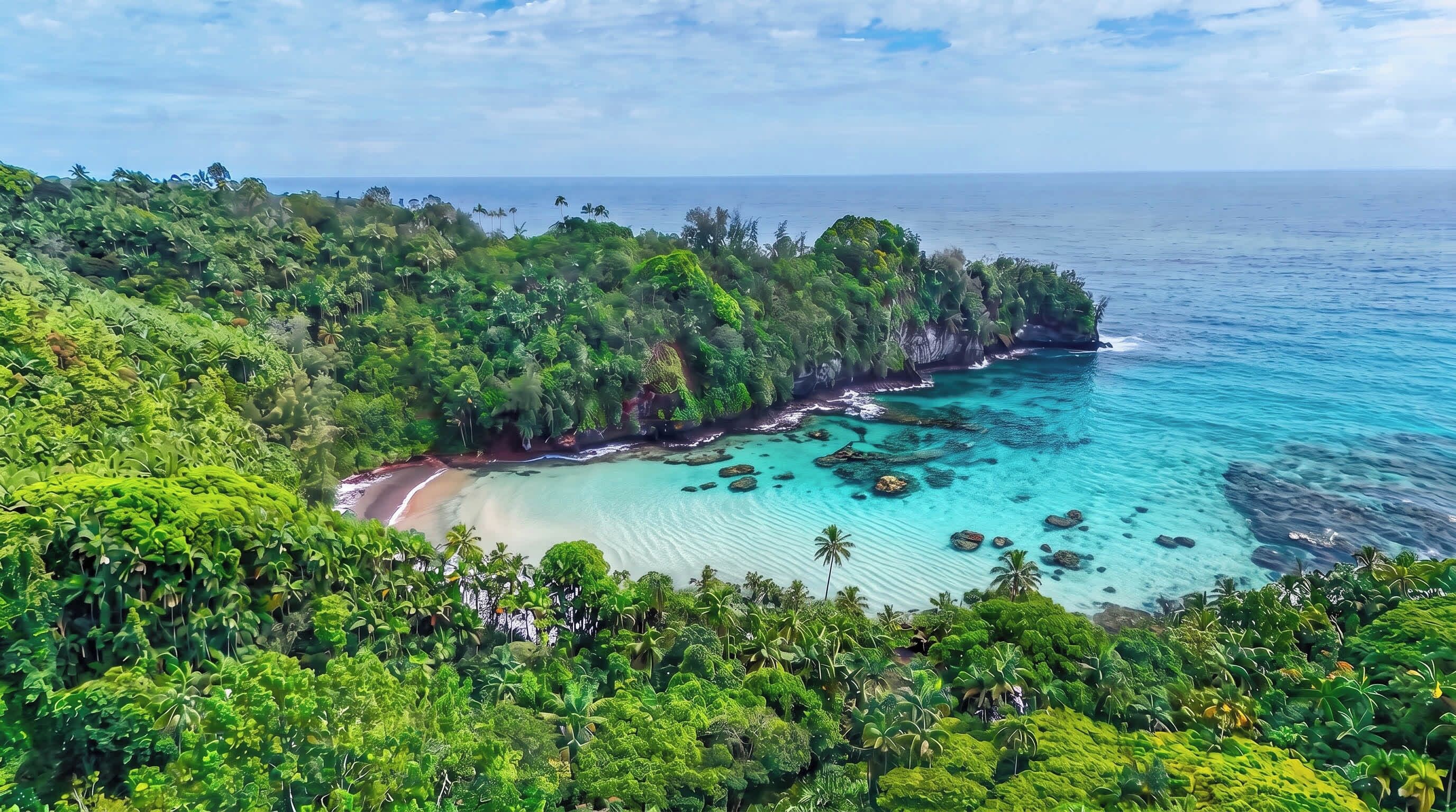 A coastal landscape with a beach, lush greenery, and clear turquoise waters.