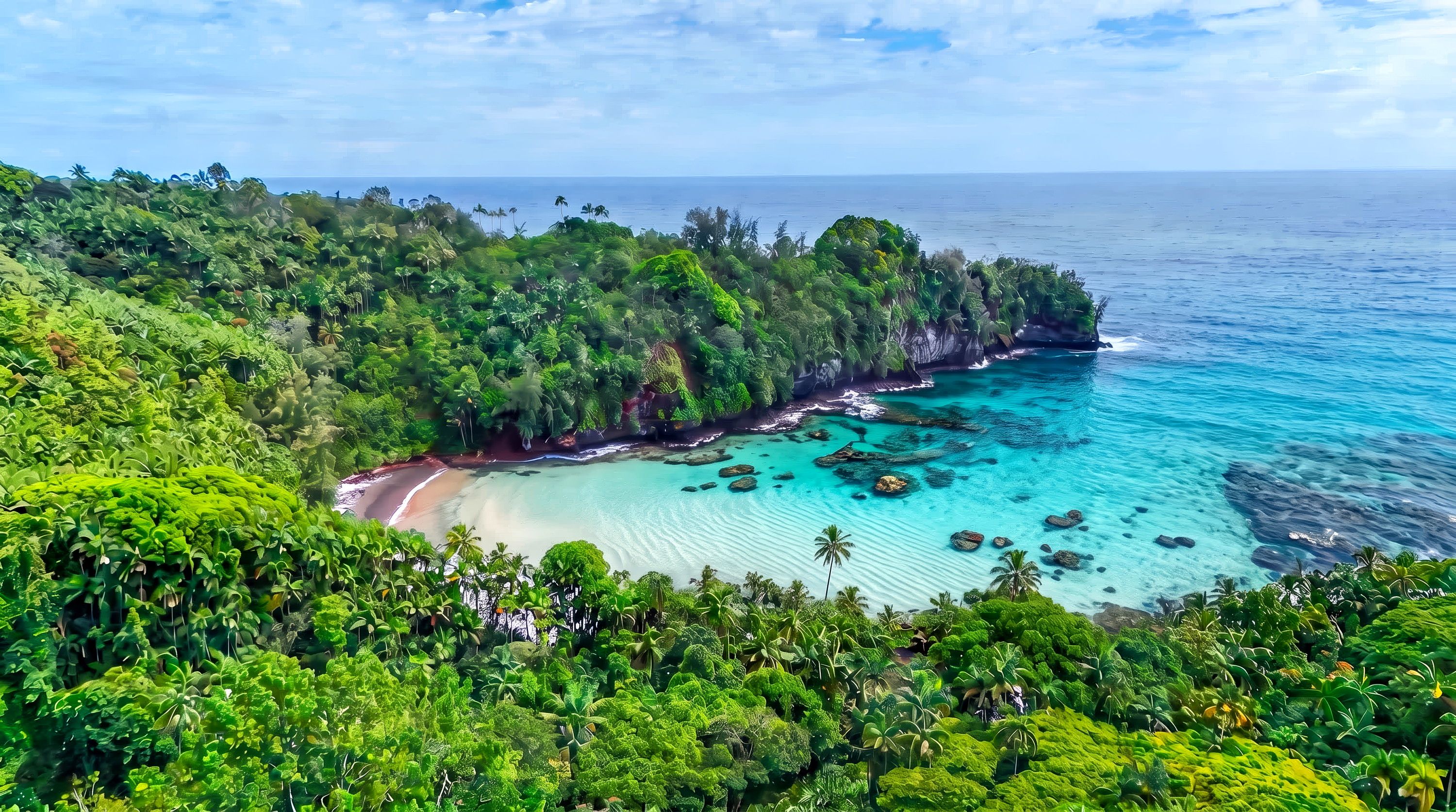 A tropical beach with lush greenery and clear turquoise waters.