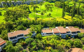 Un complexe hôtelier comprenant des bâtiments à plusieurs étages, un parcours de golf et une végétation tropicale luxuriante.