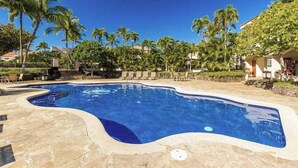 Una piscina de borde curvo, rodeada de palmeras y sillas de descanso.