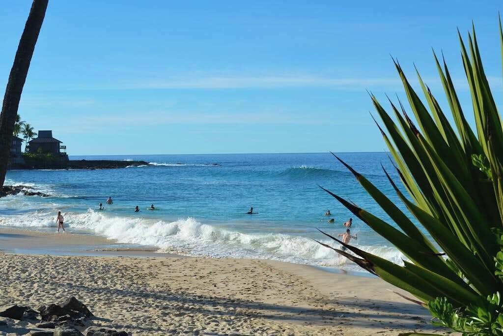 A beach with people swimming and walking on the sand, a clear sky, and a building in the background.