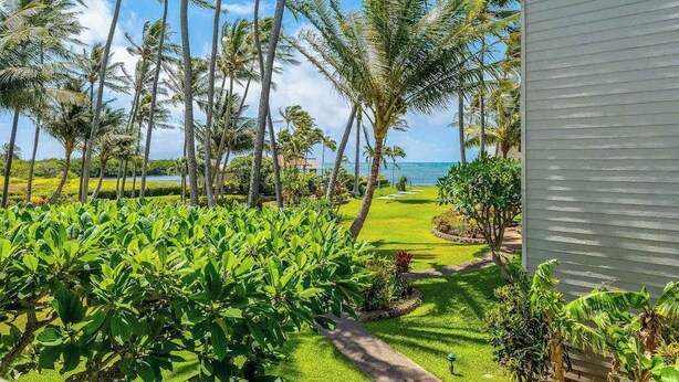 A tropical garden with palm trees, a pathway, and a view of the ocean. - *New* Fall Sale Two-Bedroom Molokai Stay with Balconies and Pool (Kaunakakai)