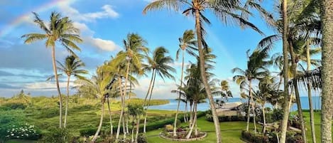 A tropical landscape with palm trees and a clear sky.