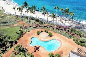 An aerial view of a resort with a swimming pool, palm trees, and a beach.