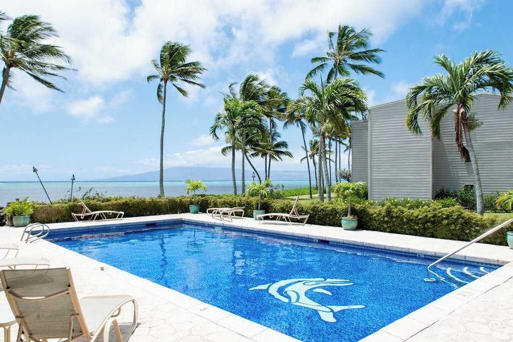 Shared pool offers refreshing swimming amid grounds and ocean views