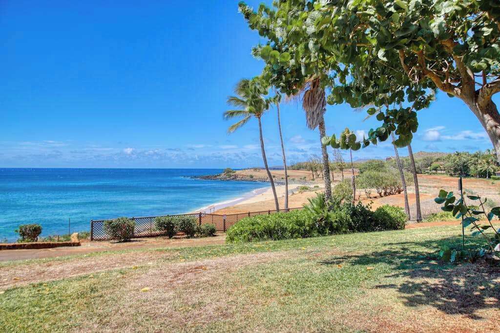 Eine Küstenlandschaft mit Strand, Palmen und blauem Himmel.
