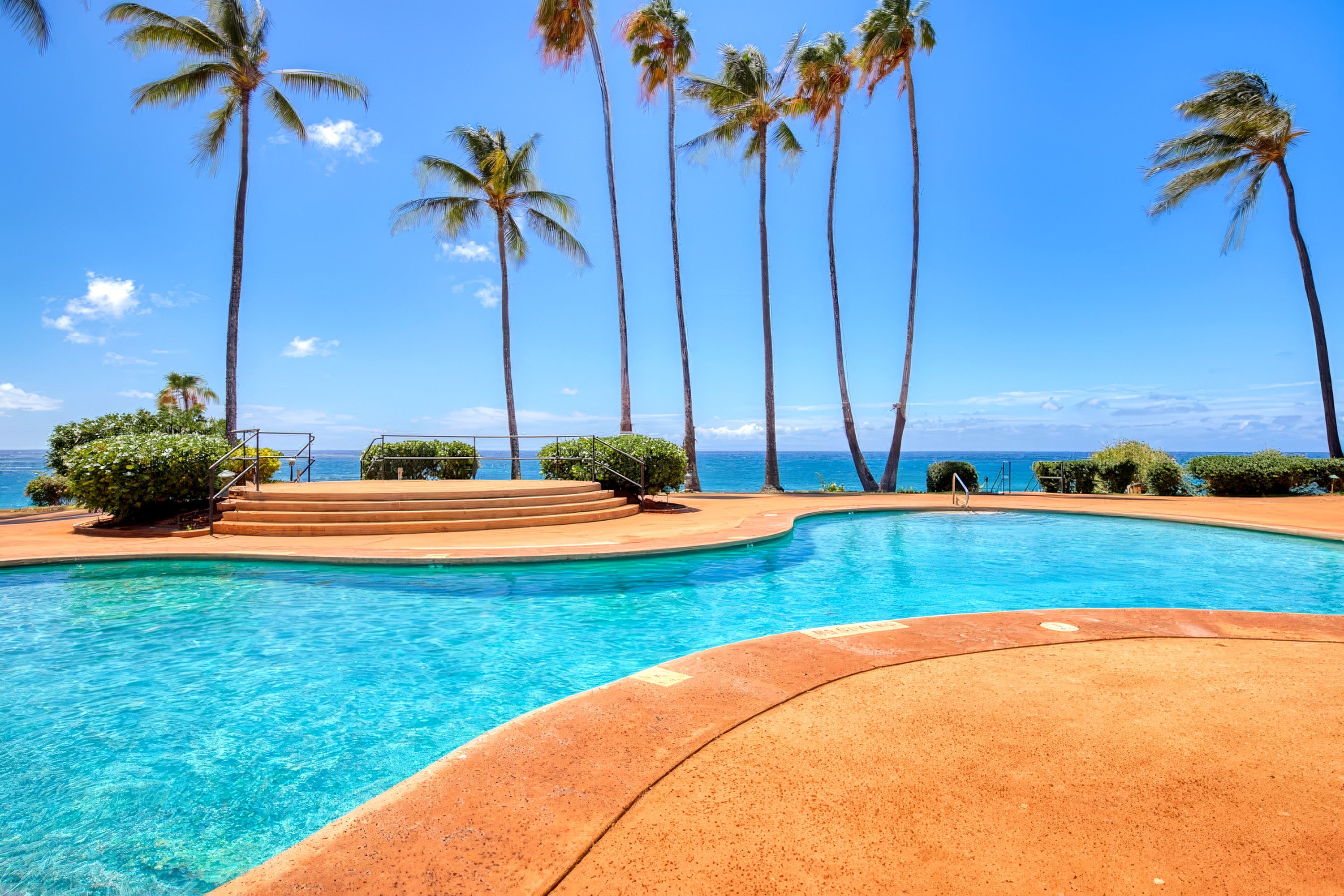 Ein Swimmingpool mit klarem, blauem Wasser, umgeben von Palmen und Blick auf den Ozean.