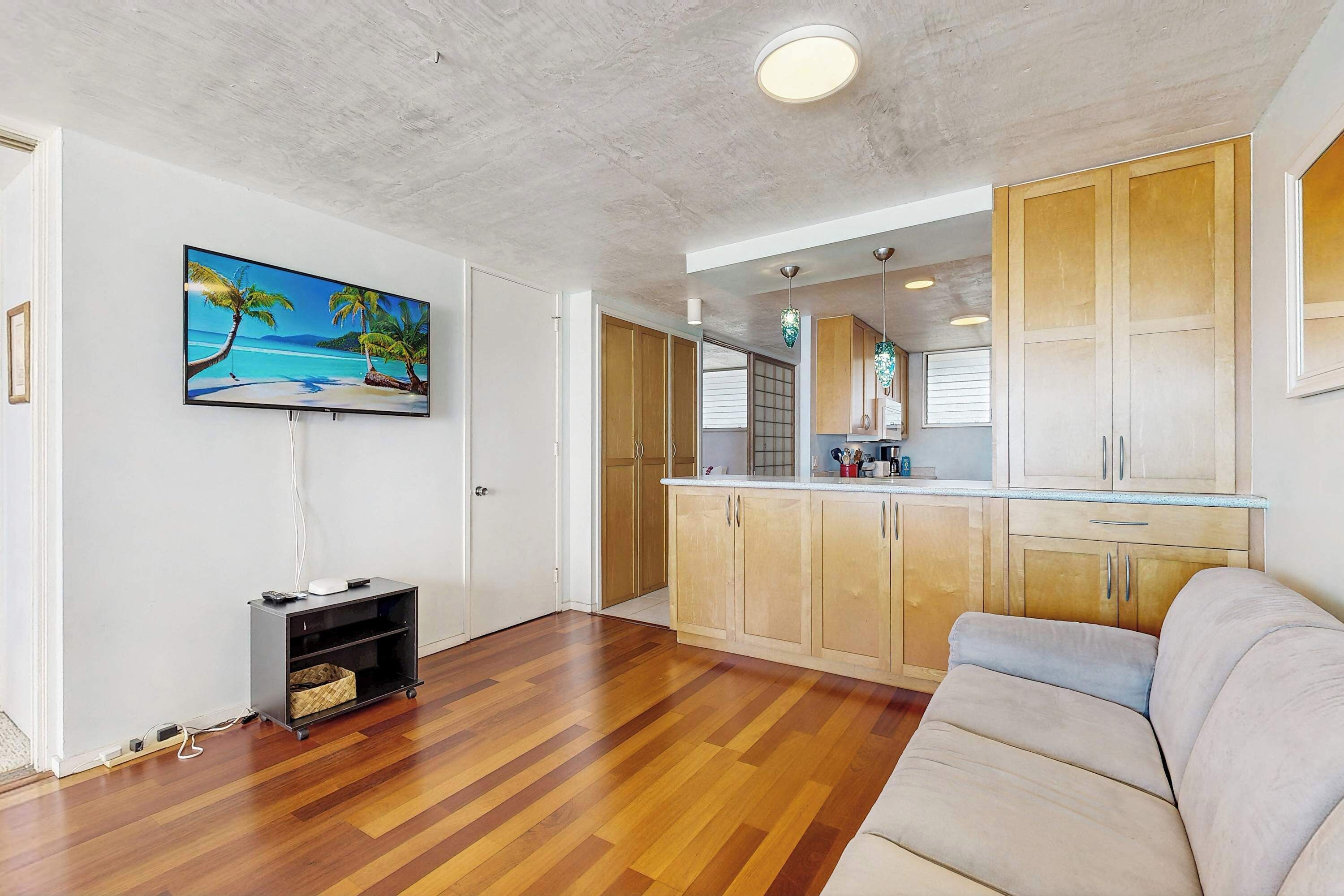 Sala de estar con sofá, suelo de madera, televisor en la pared y una zona de cocina con armarios y encimera.