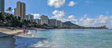 A beach with clear water, palm trees, and high-rise buildings in the background.