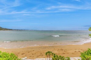 Una playa con agua cristalina, una orilla de arena y follaje en primer plano.