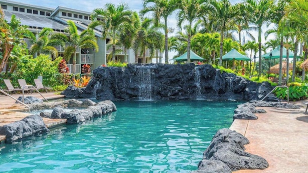 Une piscine avec une cascade, entourée de palmiers et de chaises longues.