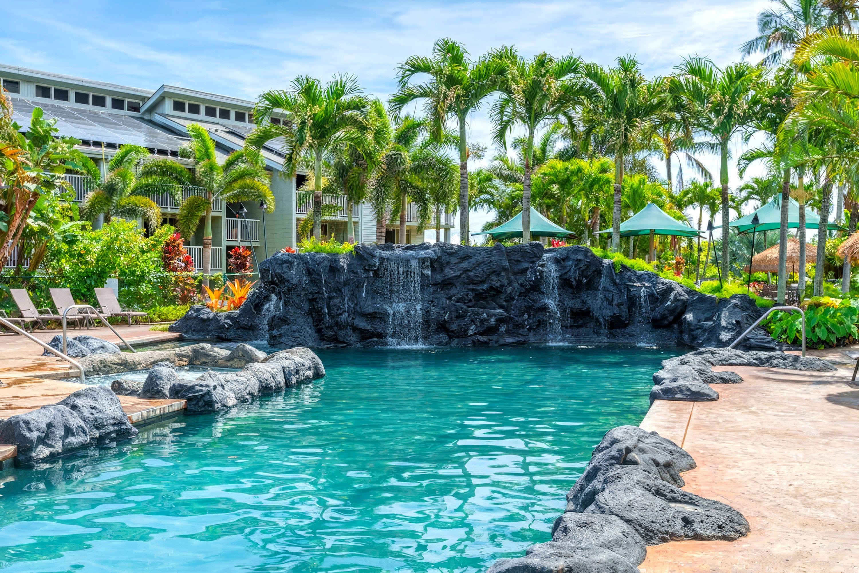 A pool with a rocky waterfall feature surrounded by palm trees and lounge chairs.