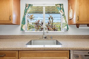 Une cuisine dotée d’un évier en acier inoxydable, de meubles en bois et d’une fenêtre agrémentée de rideaux aux motifs tropicaux.