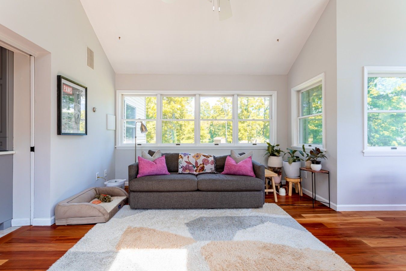 A spacious living room with a grey sofa, a patterned rug, and large windows offering a view of trees.