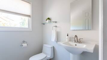 Een moderne badkamer met toilet, wastafel en spiegel.