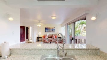 A kitchen with a double sink, a ceiling fan, and a view of a living room with a sofa and a painting.