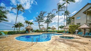 Une piscine avec des chaises longues et des palmiers.
