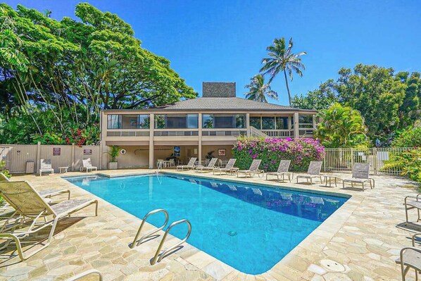 Ein Schwimmbecken mit Liegestühlen, ein Gebäude mit Balkon und üppiger tropischer Vegetation.
