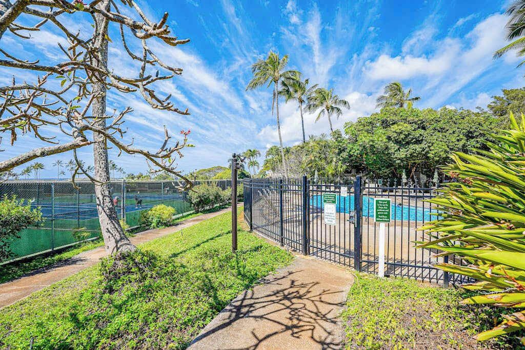 A fenced tennis court area with a pool, surrounded by greenery and palm trees.