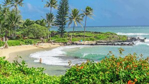 A beach with palm trees, ocean waves, and a clear sky. - *NEW* Oceanfront Wailua Days at Lanikai, Steps from Lae Nani (Kapaa)
