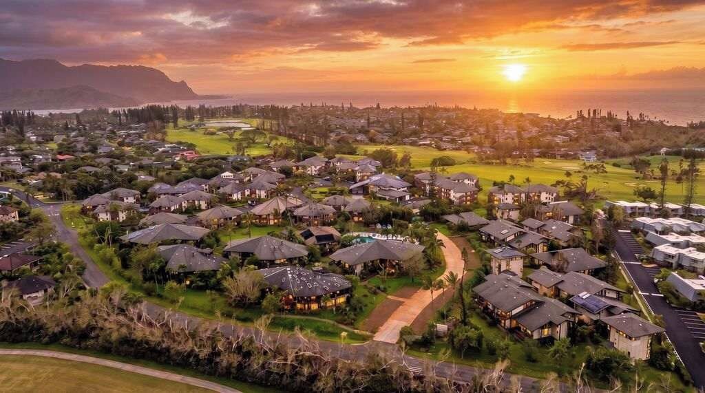 A residential area with houses, roads, and a sunset.