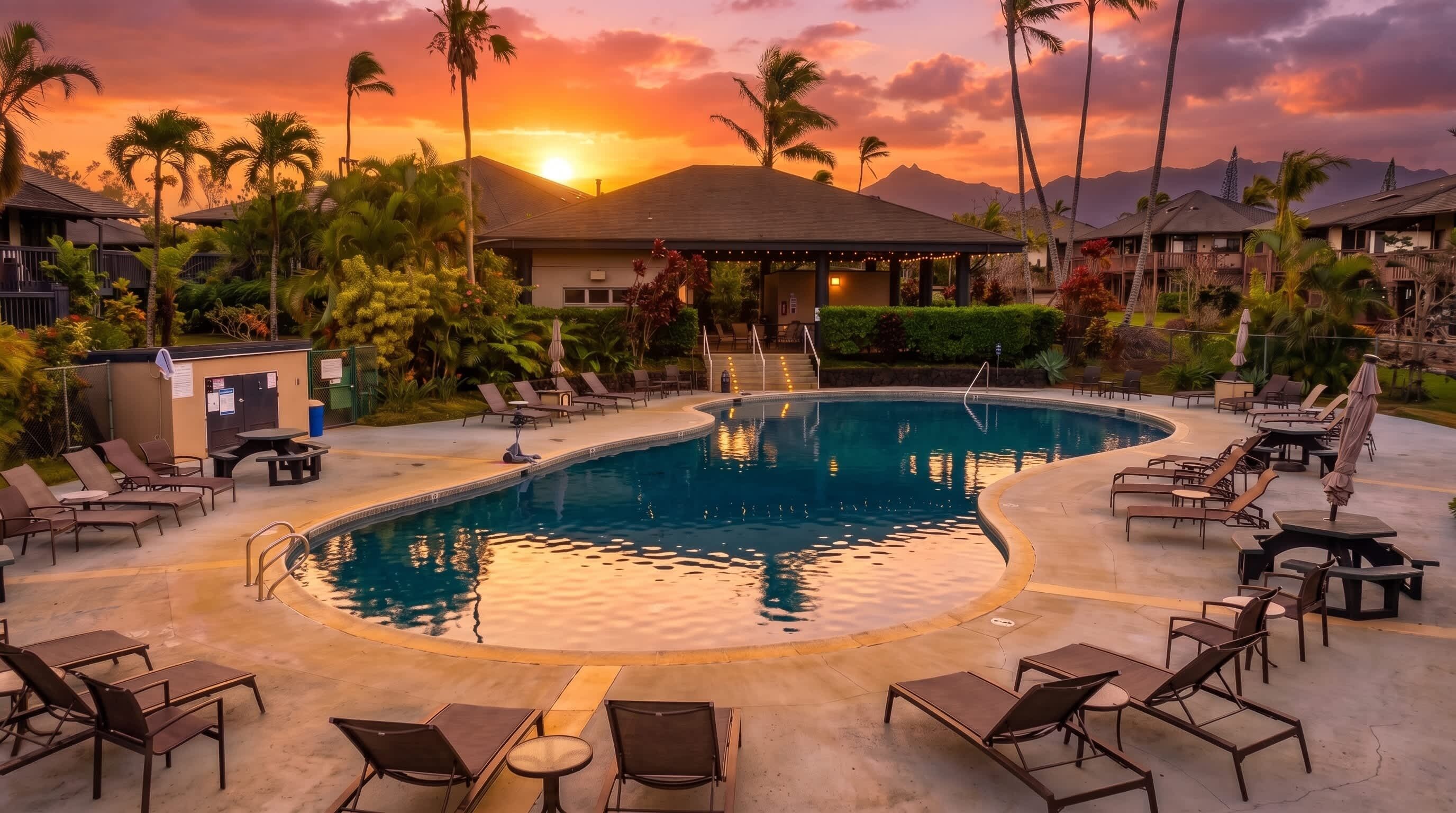 Sunset lit pool with beautiful garden views 
