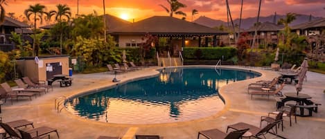 Sunset lit pool with beautiful garden views